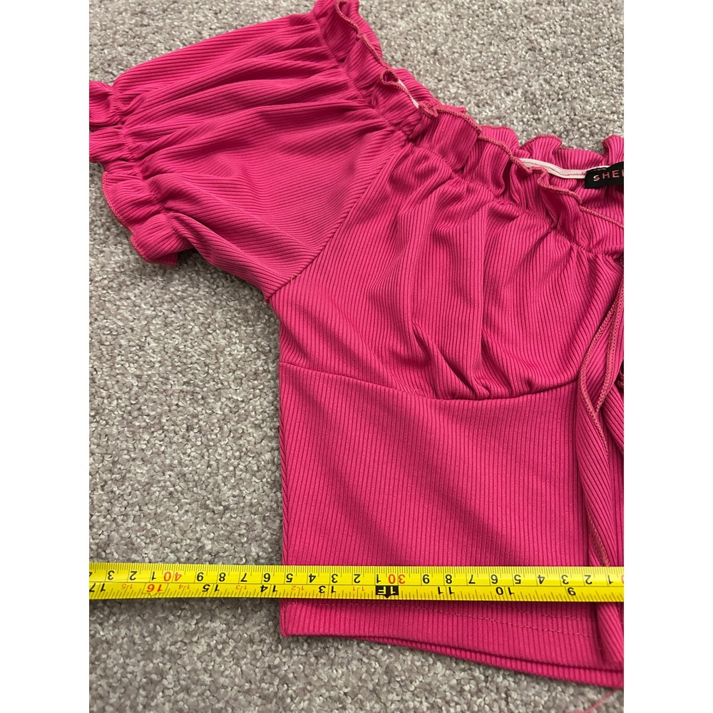 SHEIN Crop Top Womens Large Pink Excellent Ribbed Tie Front Puff Sleeve Ruffle - Picture 9 of 11